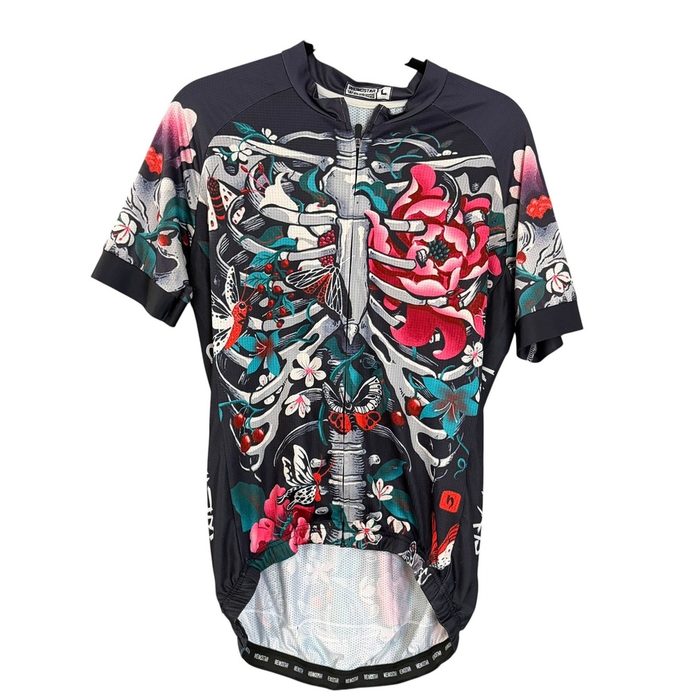 Weimostar Short Sleeve Cycling Jersey L Black Skeleton Floral High-Low Front Zip